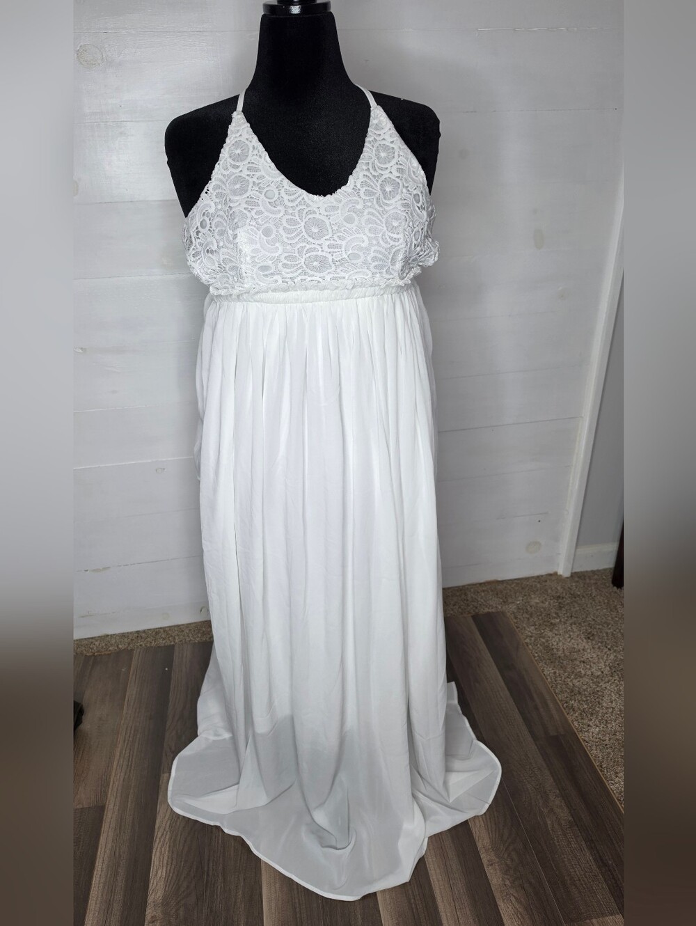 NWT Ladmous White Lace Bodice Halter Maxi Dress Cottagecore Bohemian Bridal. L